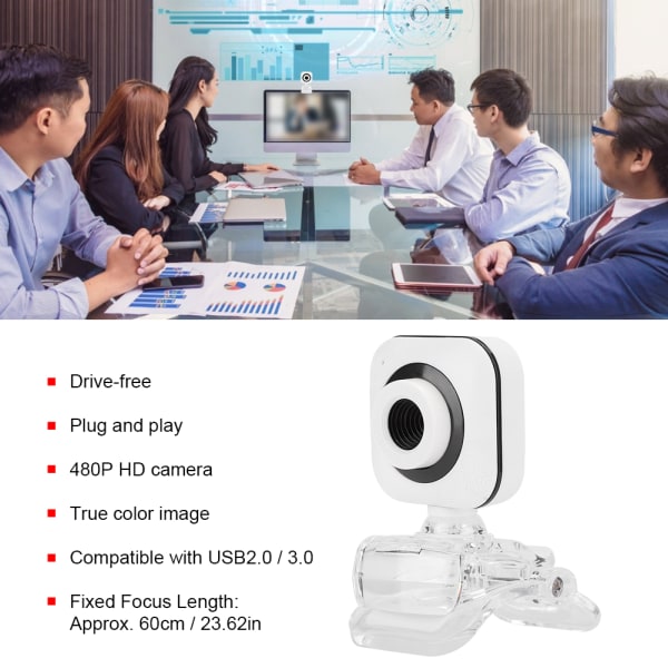 Sisäänrakennettu mikrofoni Tietokonekamera Webcam PC-lisävaruste 480P Valkoinen läpinäkyvällä pidikkeellä