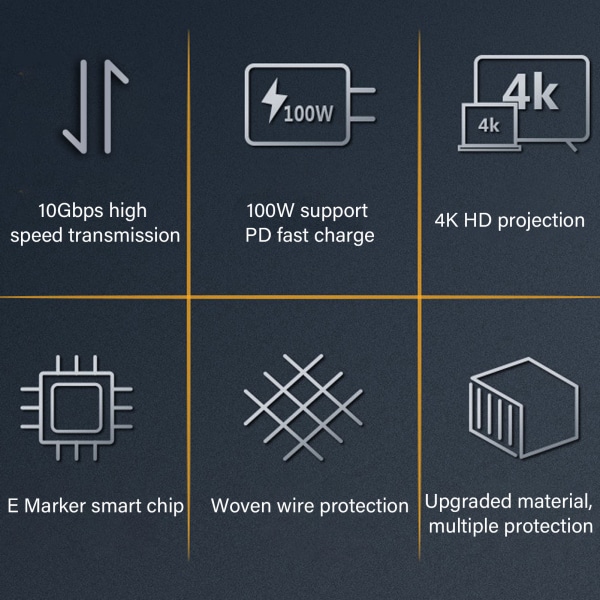 Nopea USB C -jatkokaapeli - 10 Gbps tiedonsynkronointi, 100 W power , 4K 60 Hz videolähtö, E-merkkisiru, 0,25 m