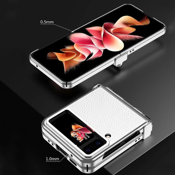 Plating Case Compatible With Samsung Galaxy Z Flip 4, Hard PC+Smooth Leather Shockproof Case With Hinge & Pen