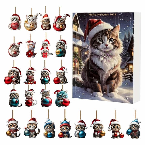 Julekalender med 24 dele - Katte-tema ornamenter og akryl julepynt