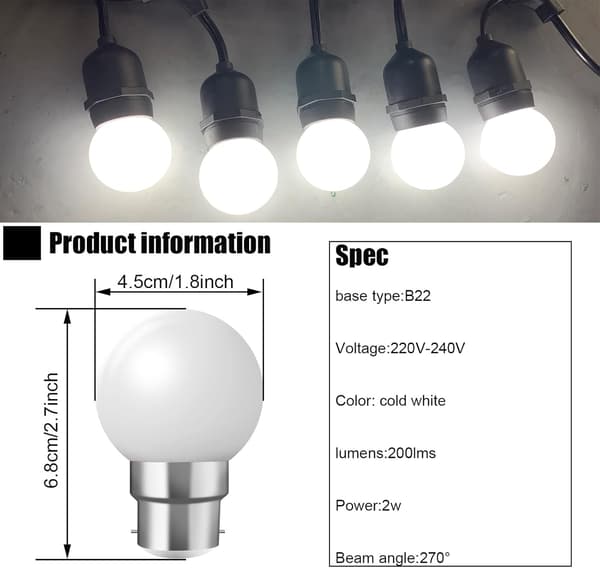 B22 Bayonet Cap Bulbs - 20 Pack 2W Festoon LED Bulbs (20W Equivalent) - Cool White [Energy Class B]