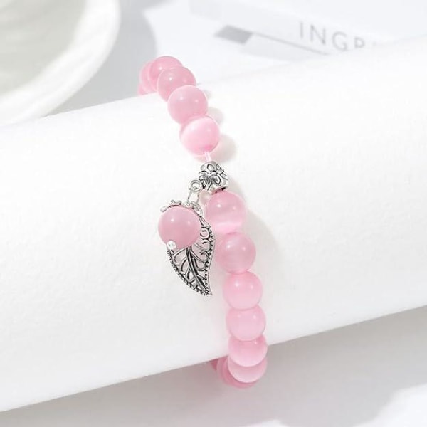 Naturstensarmbånd til kvinder, 8MM perler Elastisk Pink Crystal Charm Armbånd Armbånd Ædelstenssmykker