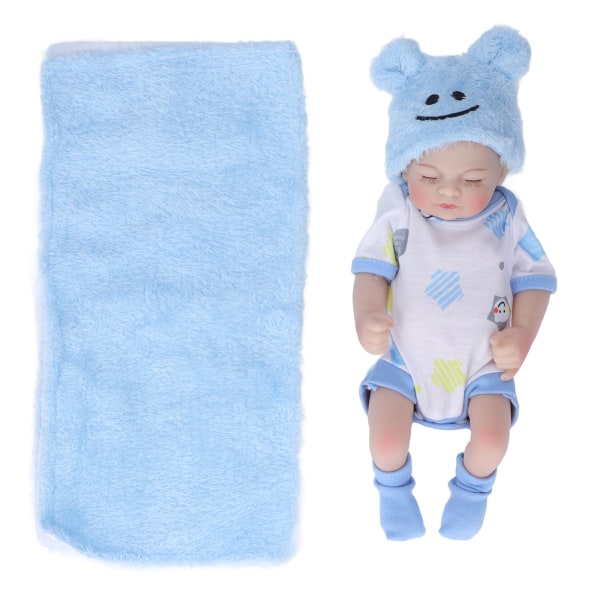 10 tommer nyfødt babydukkesett Vaskbar emulerende myk silikon Sovende babydukke med klærteppe Blå gutt