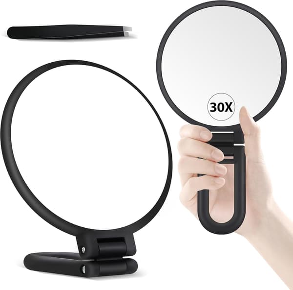 Dobbeltsidet makeup-spejl (1X/30X), foldbart og bærbart, praktisk til præcis makeup-påføring når som helst, hvor som helst - mat sort Black