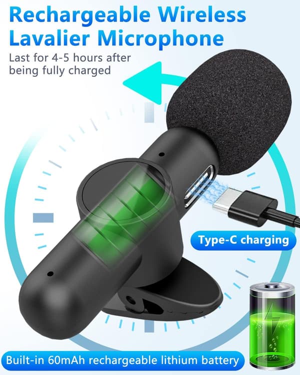 Trådløs Lavalier-mikrofon for iPhone/Android/Telefon/PC/iPad, Trådløse mikrofoner og mottaker, Mini Liten USB Clip-on Lavalier-mikrofon