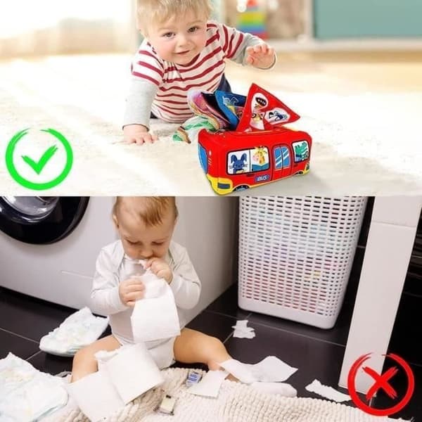 Babylegetøj - Servietæske - Sensorisk - 3 knitrende papirer - 8 farverige silketørklæder