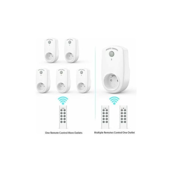 Set of 5 Programmable Outlets, Wireless Remote Control with 2 Remotes, 2 Batteries Included, 30 m Range