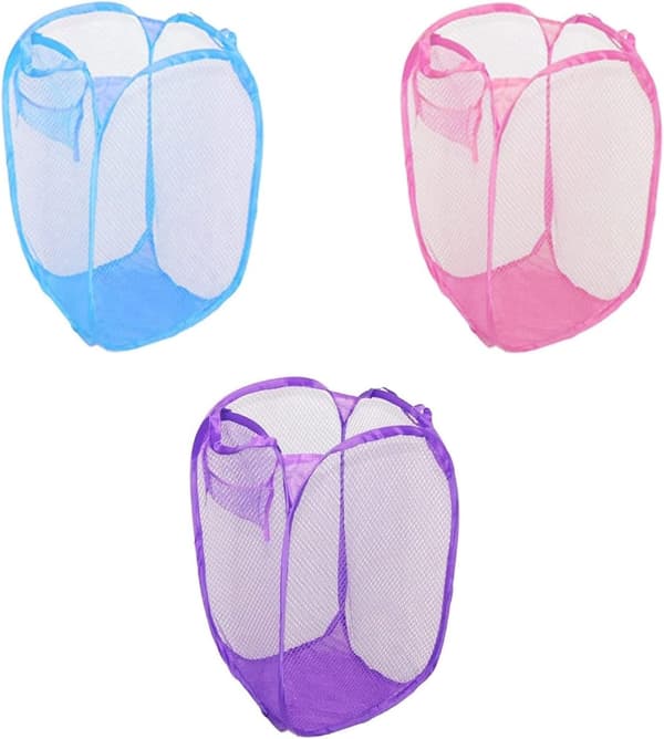 Laundry Baskets Pop Up Mesh Tvättkorg, Vikbar Tvättkorg med Slitstarka Handtag & Sidoficka (3-pack)