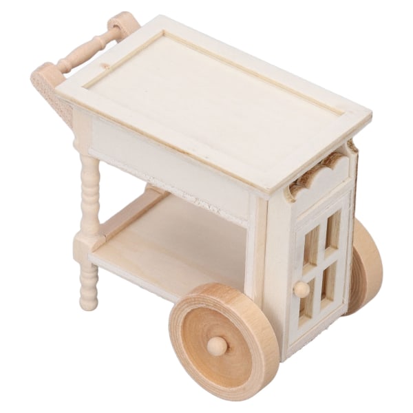 Miniruokailukärry Puinen eläväinen maalaamaton retrokoristeen miniatyyri tarjoilukärry 1/12-nukkekodille