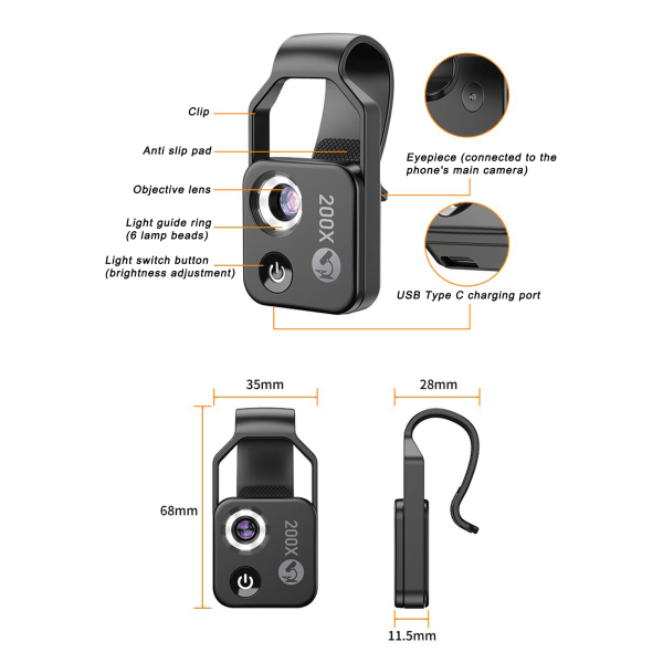 Mini Pocket Microscope med CPL-lins - Universal Smartphone Mikroskop Clip för iPhone och Android (svart)