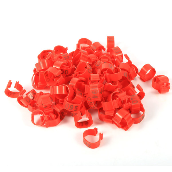 100st/påse 16MM 001-100 Numrerade Plast Fjäderfä Kycklingar Ankor Gås Benband Ringar (röda)