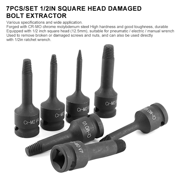 7 stk./sæt 1/2 tommer 12,5 mm firkantet hoved Beskadiget bolt Ekstraktor Skruegevind Glidning Brudt Stud Easy Out Fjernelsesværktøj