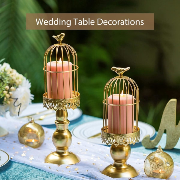 Kulta- S+L Vintage lintuhäkki kynttilänjalka, hääpöydän koristekynttilänjalat, takorauta veistetyt kynttilänjalkakoristeet