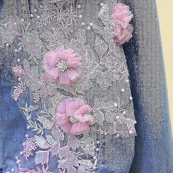 Brodert 3D Blomster Denimjakke - Vår/Høst Casual Yttertøy S Rosa