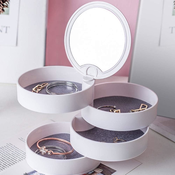 Liten smyckeskrin Ringförvaring 4 nivåer 360° rotation med spegellock butik örhängen present till mors dag alla hjärtans dag