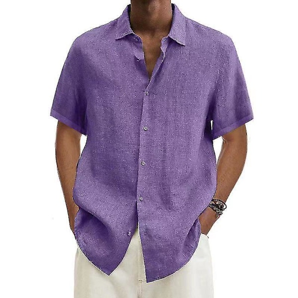 Summer Men's Cotton Linen Blouse - Loose Fit, Short Sleeve, Turn Down Collar, Button Closure (S-5XL) L purple