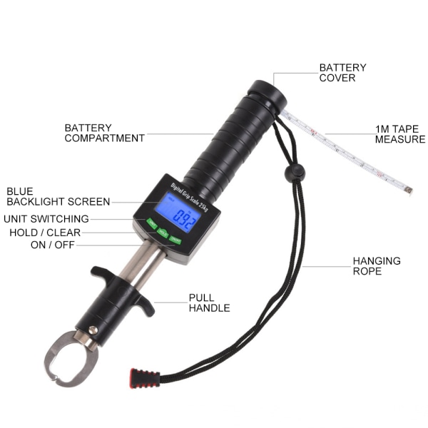 3 i 1 Digital Fisk Grip Våg 25kg/55lb Fisk Läpp Gripper Grabber med 1M Måttband