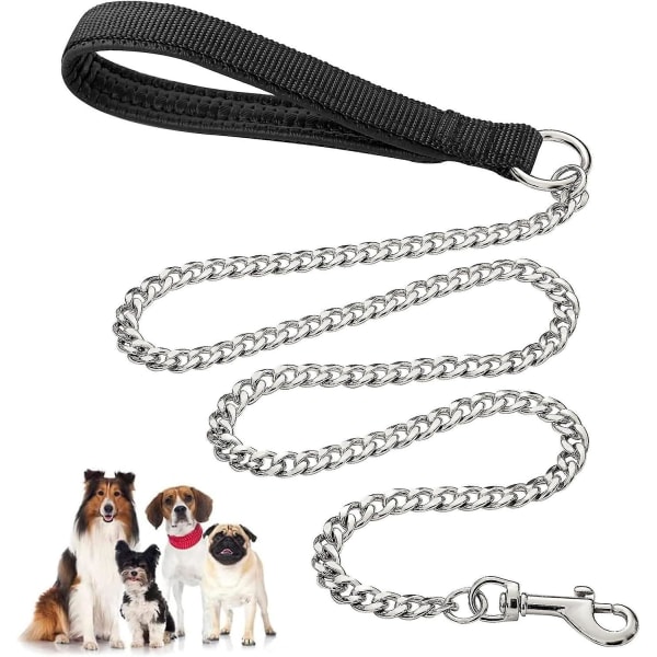 Kraftig metall hundebånd - 120 cm, anti-tygge, polstret håndtak - ideell for store og mellomstore hunder (svart)