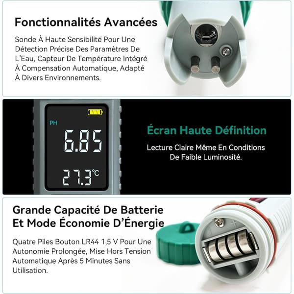 pH-måler (± 0,01), 5-i-1 PH, TDS, EC, saltholdighed, termometer, højpræcisions pH-tester til pool med baggrundsbelyst LED-display