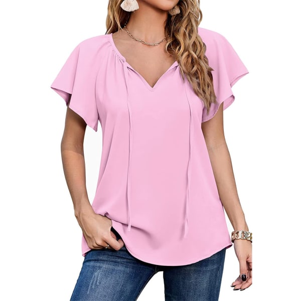 Kvinna Casual Chiffongtopp printed V-hals Kortärmad blusskjorta med dragsko för sommar Rosa XL