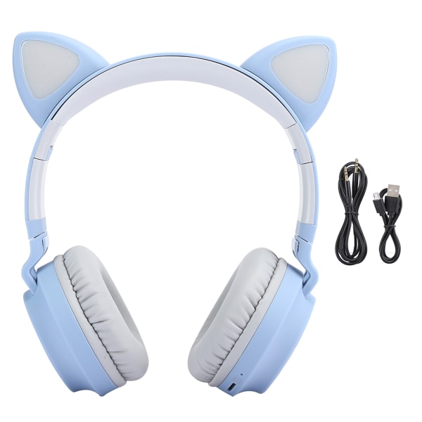 Cat Ear Bluetooth 5.0-hörlurar LED-brusreducerande Unga människor Barn Söt Headsetstöd Minneskort Gråblått
