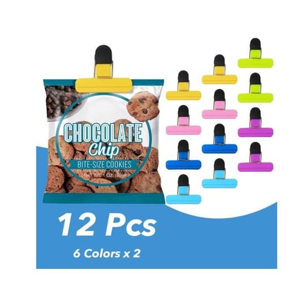 12-delt sæt med plastikposer til madvarer, 6-farvede poseclips, 7,8x6,5 cm