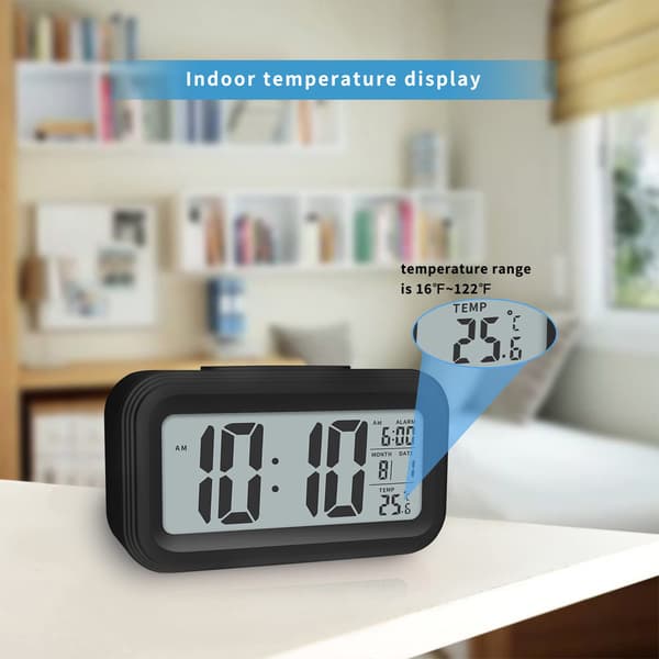 Digital vekkerklokke med innetemperatur, slumrefunksjon, 12/24t, batteri