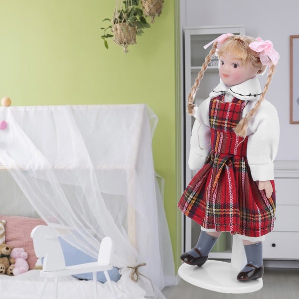 1:12 Dockhusdocka Miniatyrporslin Lång flätad Röd Klänning Flicka Minileksaksdocka Modell Röd