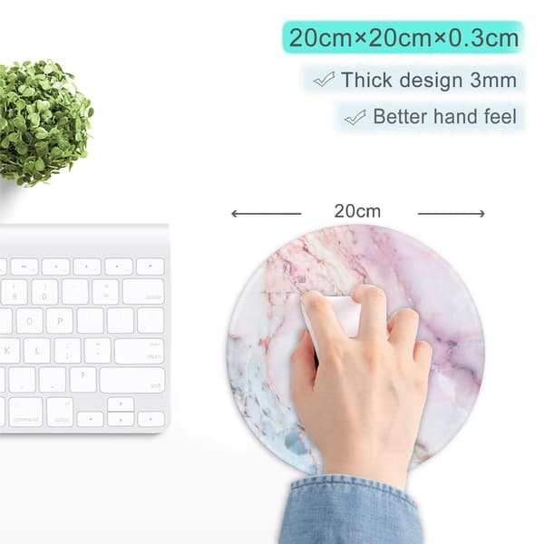 Musematte med sydde kanter, musematte med premium tekstur, vanntett, sklisikker gummibase, rund musematte for bærbar PC, kontor, rosa marmor