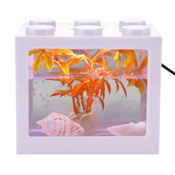 Dekorativt mini-akvarium USB LED-lyslampe Fisketank Box Office teborddekor (hvit)