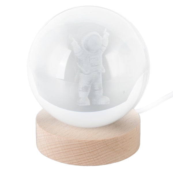 LED-yölamppu, kristallipallo USB-puualustalla, 3D-sisäkaiverruskoriste, yölamppu kodin sisustukseen, pieni astronautti, valkoinen valo