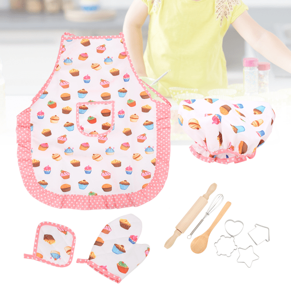 Köksdräkter Set för barn Flickor Förkläde Kock Hatt Bakning Matlagning Mitt Cookie Cutter Kit11st Cupcake Mönster