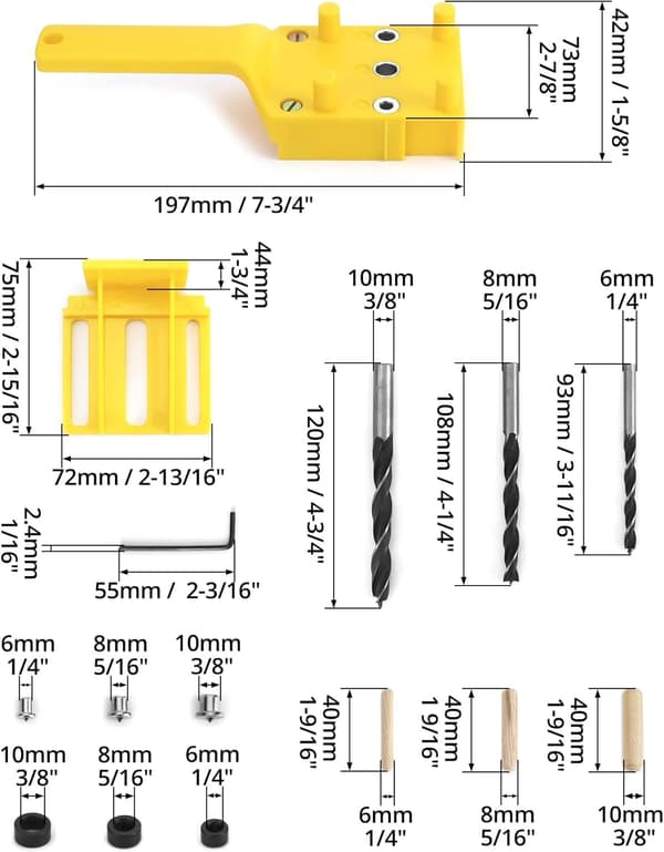 44 Delars Dowel Borrfixtur, Borrguide med Parallel Stopp, Doweling Jig Kit, 6mm / 8mm / 10mm