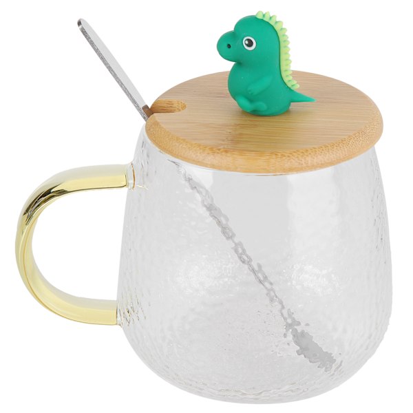 400 ml søt kopp i borosilikatglass, varmebestandig krus med skje i rustfritt stål og bambuslokk (dinosaur)
