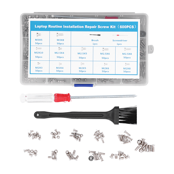 600st Datorskruvar Sortimentssats Micro Flat Head M2 M2.5 M3 med skruvmejselborste (silver)