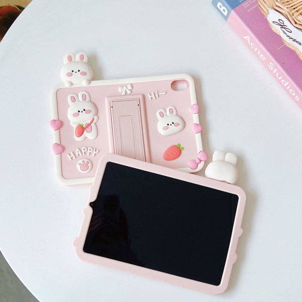 Pink stødsikkert silikonetui til iPad Mini 6 sød kanin med foldbart stativ
