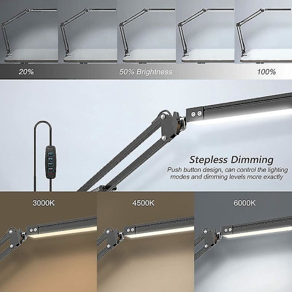 Justerbar LED-skrivebordslampe med klemme - 3 fargemoduser, øyevennlig, ideell for hjemmekontor, studie, lesing, sovesaler, studioer