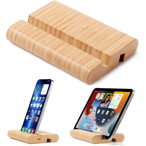 Bambus nettbrett- og mobiltelefonholder for skrivebord, for iPhone, iPad, nettbrett og alle telefoner