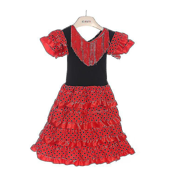 Smuk spansk flamenco-dansedragt til piger - børnedansoutfit fra April Sevilla, røde flæser, XS (2-4 år)