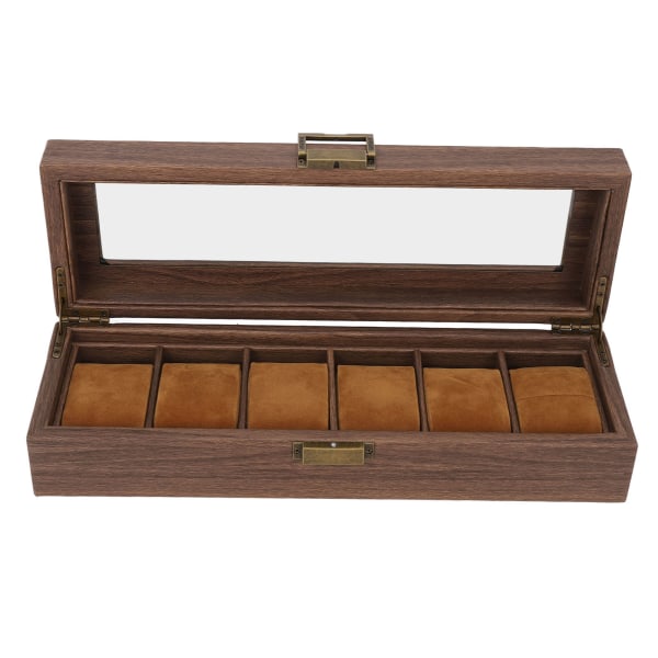 6 spor Klokke Oppbevaring Display Box Wood Grain PU Lær Låsbar Armbåndsur Beskyttelsesboks