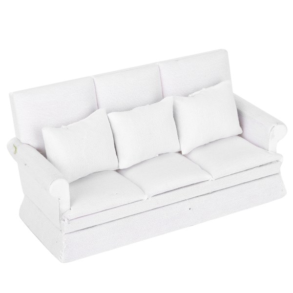 1:12 Dukkehus Mini Sofa med 3 stk Pude Stue Møbler Træ Dukkehus Dekoration Tilbehør Hvid