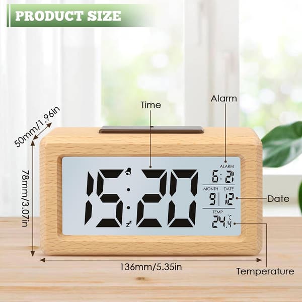 Wooden Digital Alarm Clock LCD Non-Ticking Digital Clock with Date Temperature Display Battery Operated Alarm Clock with Snooze Function