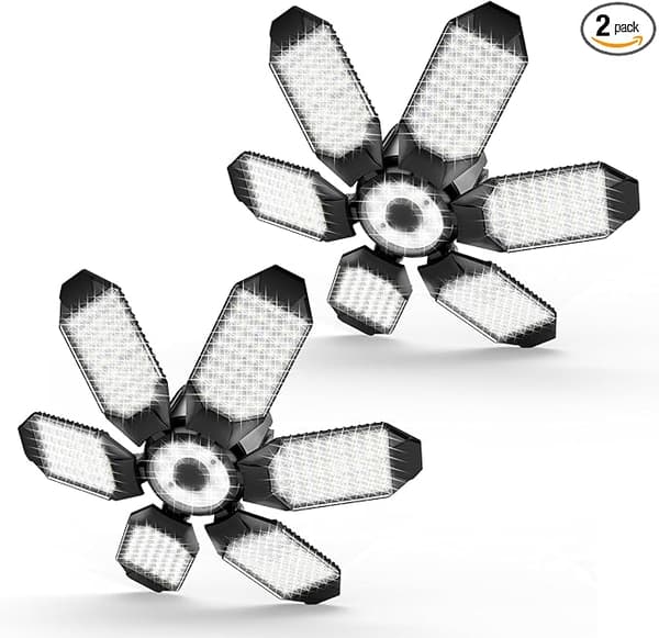 Garasjelys - 32000LM LED Garasjetaklys 6500K Dagslys | Supersterkt LED Verkstedlys med 6 Deformerbare Paneler Skrues inn i E26/E27 Pære 200W - 2Pack