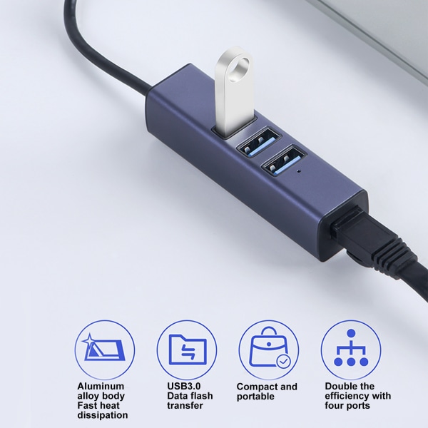USB C Hub med Gigabit Ethernet-port og 3 USB-porter - 4 i 1-adapter for bærbare datamaskiner og nettbrett