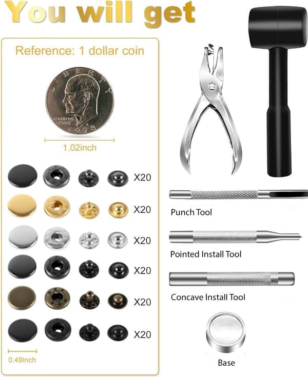 120-delt læderknapsæt med hammer, 12,5 mm metalknapper til tøj og tasker