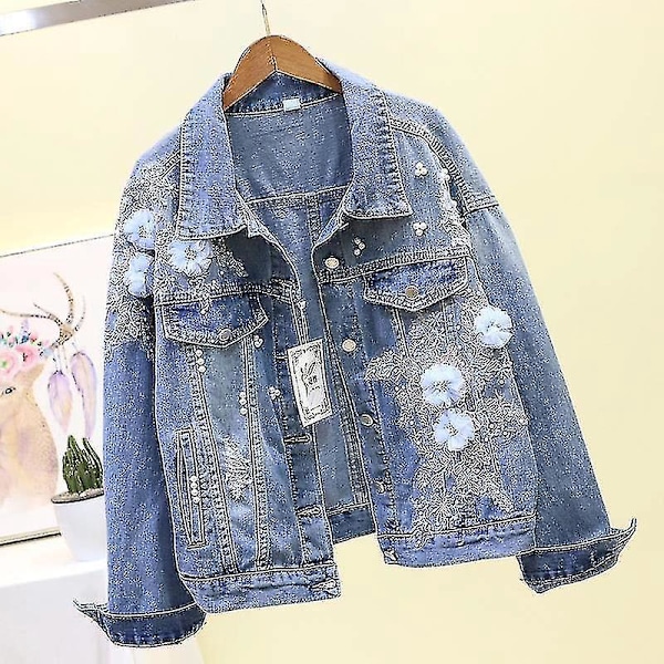 Embroidered 3D Flowers Denim Jacket XXL Blue