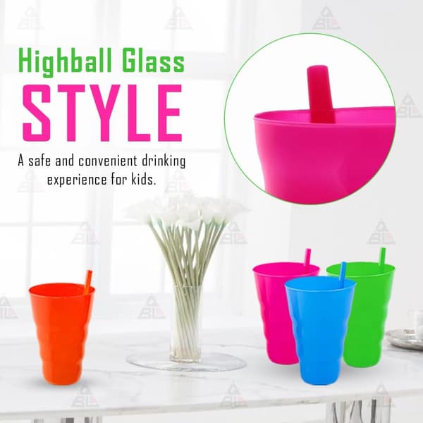 Dricksglas Set - Plastglas med Sugrör - Perfekt för Barns Drycker - 4-pack [ Blandade Färger ]