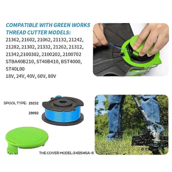 For Greenworks gressklipper 8 trådspoler + 1 spoledeksel, 29252/29092