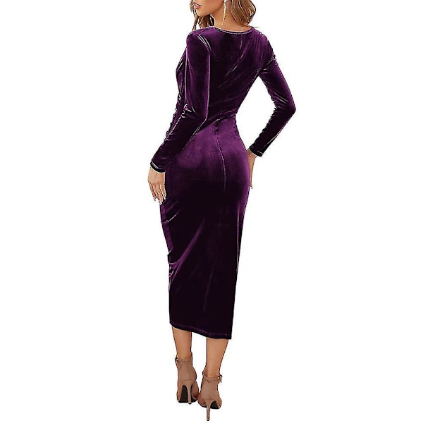 Elegant Sammets V-hals Ruched Bodycon Festklänning för Kvinnor M Lila