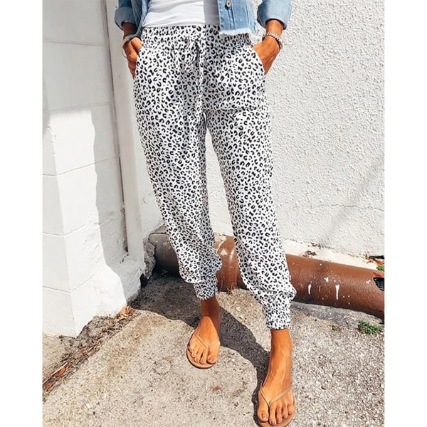 Damebukser Leopardprint Snøring Knyt Elastisk midjebukser Løse Uformelle Loungebukser med lommer Hvit XL